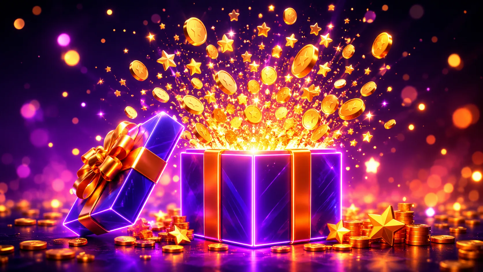 Glowing gift box with golden coins fountain