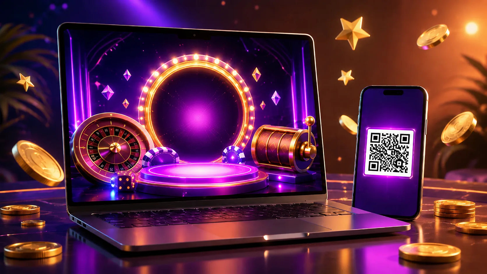 Laptop showing RoboCat casino welcome screen with phone QR code