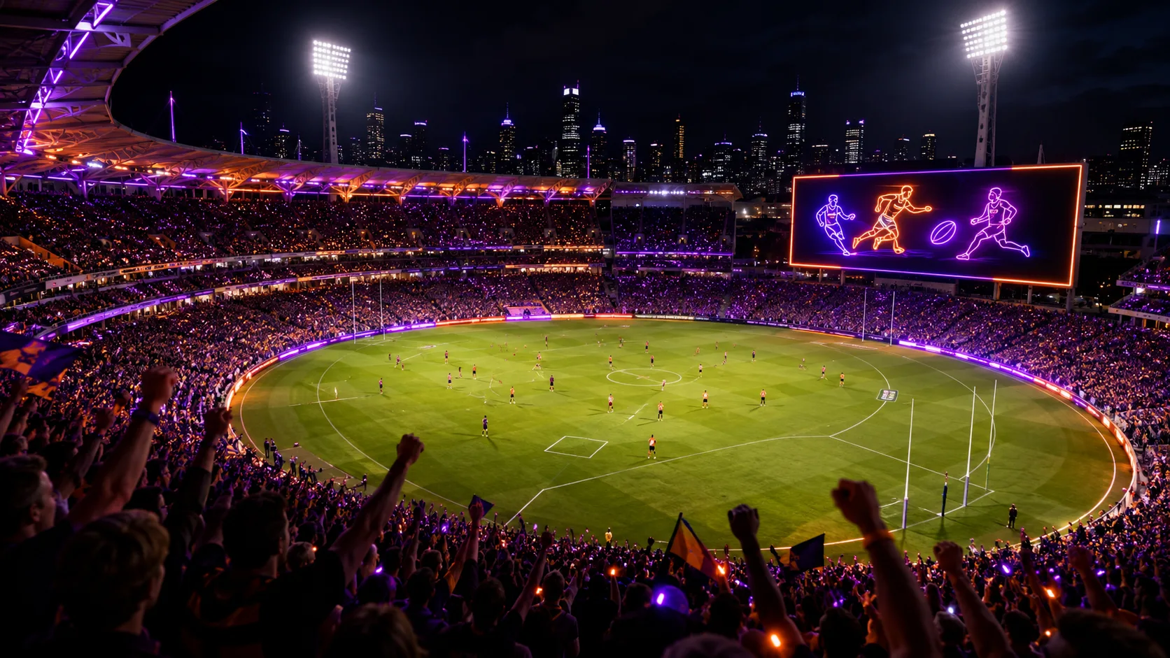 Neon Aussie football stadium at night