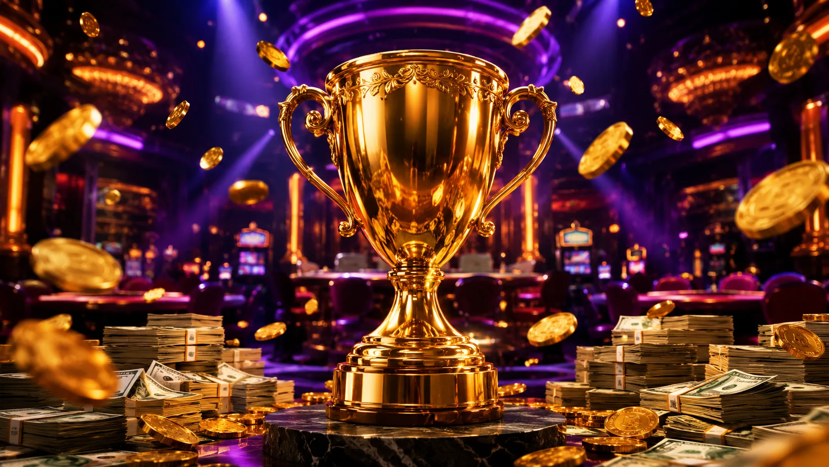 Golden trophy with cash prizes in neon arena