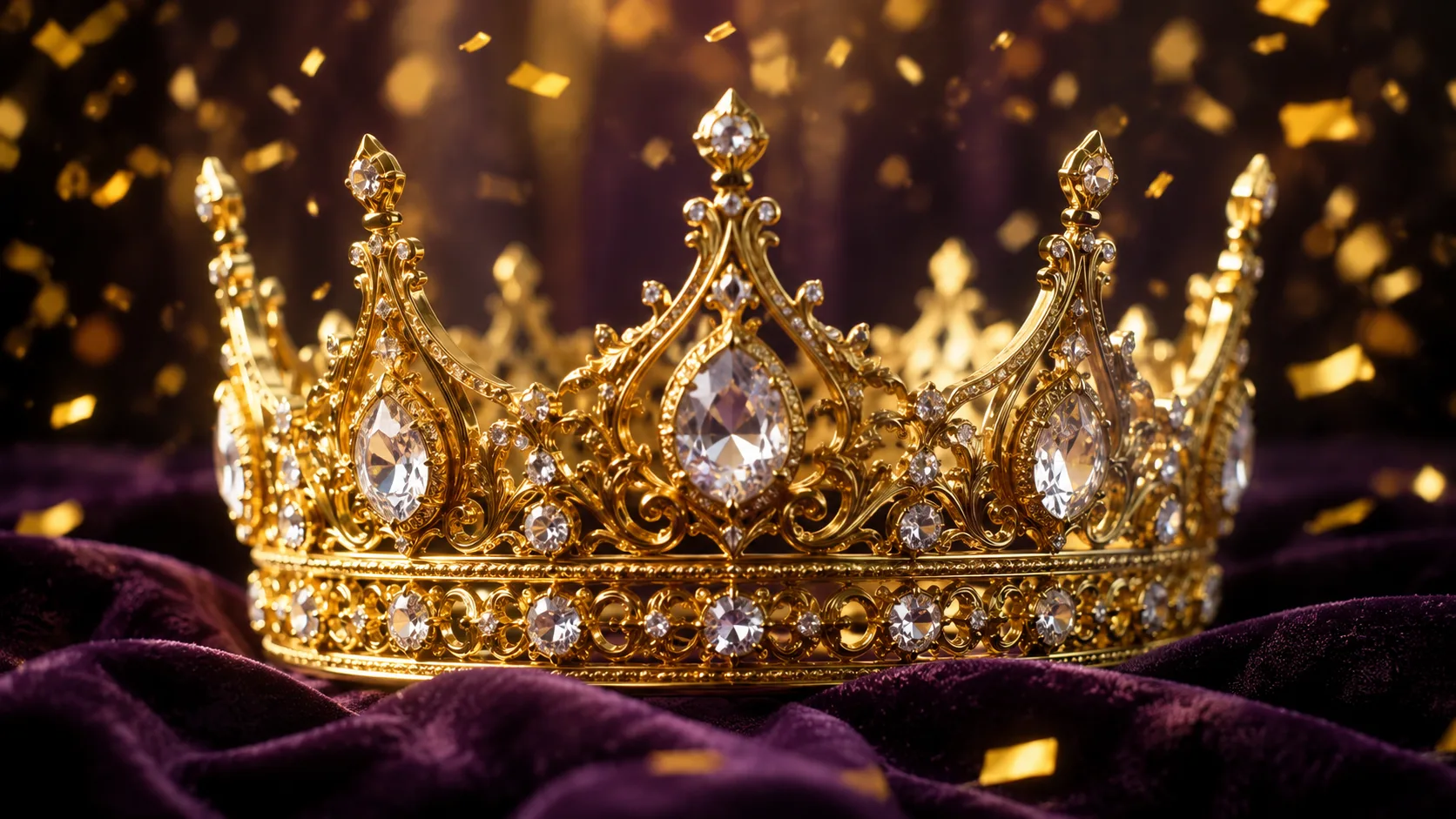 Golden VIP crown with diamonds on dark purple velvet