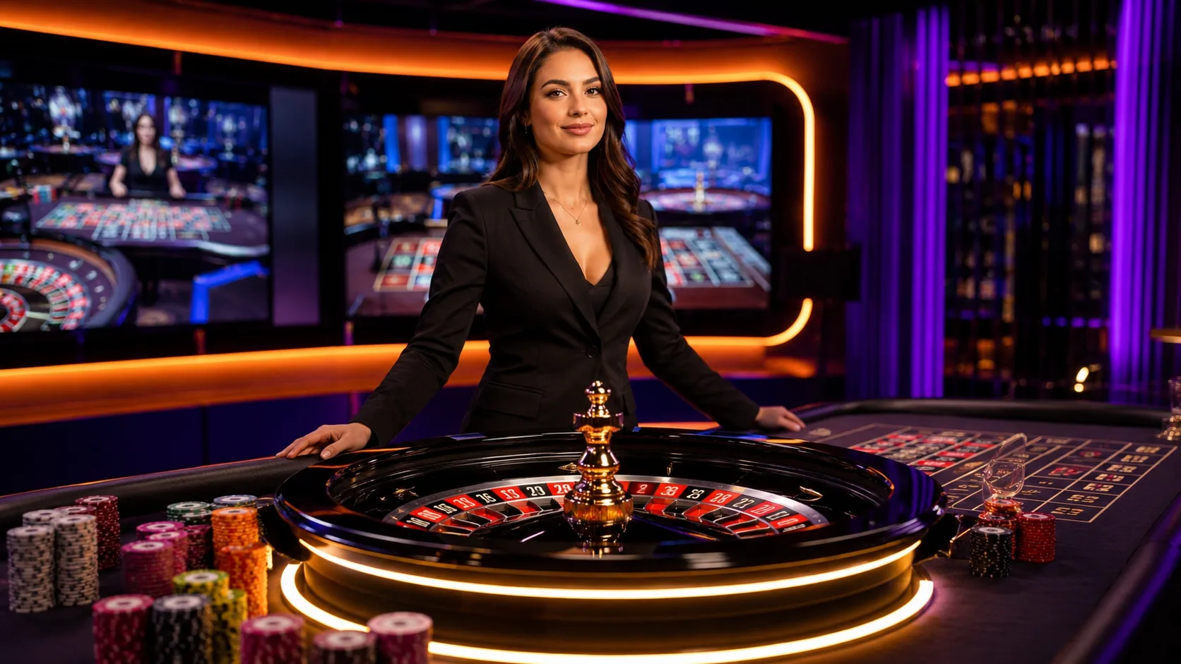 Live casino dealer at neon-lit roulette table