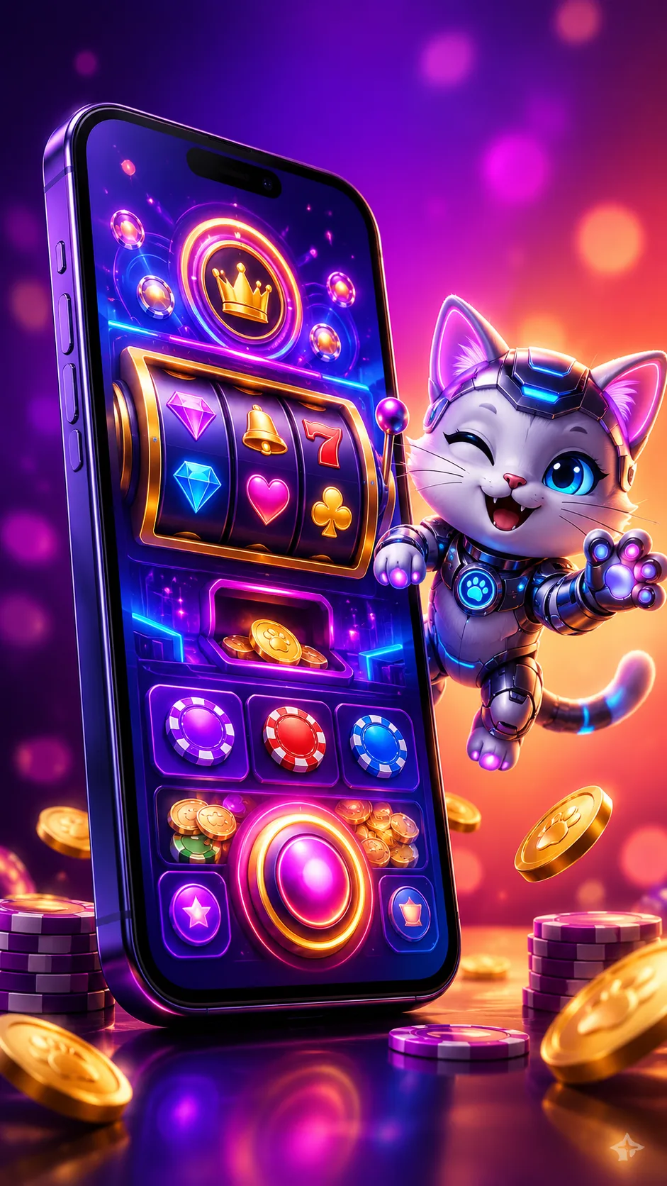 RoboCat mobile casino app on a smartphone with RoboCat character