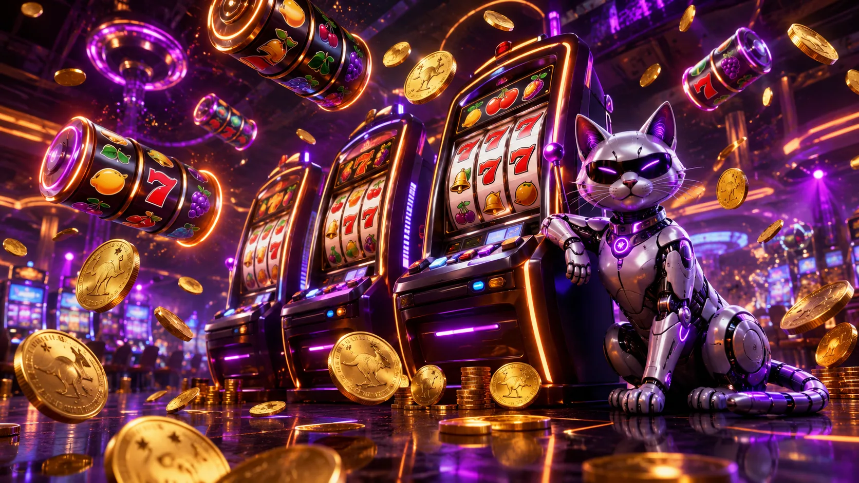 Neon online pokies slot machines with RoboCat character and golden AUD coins